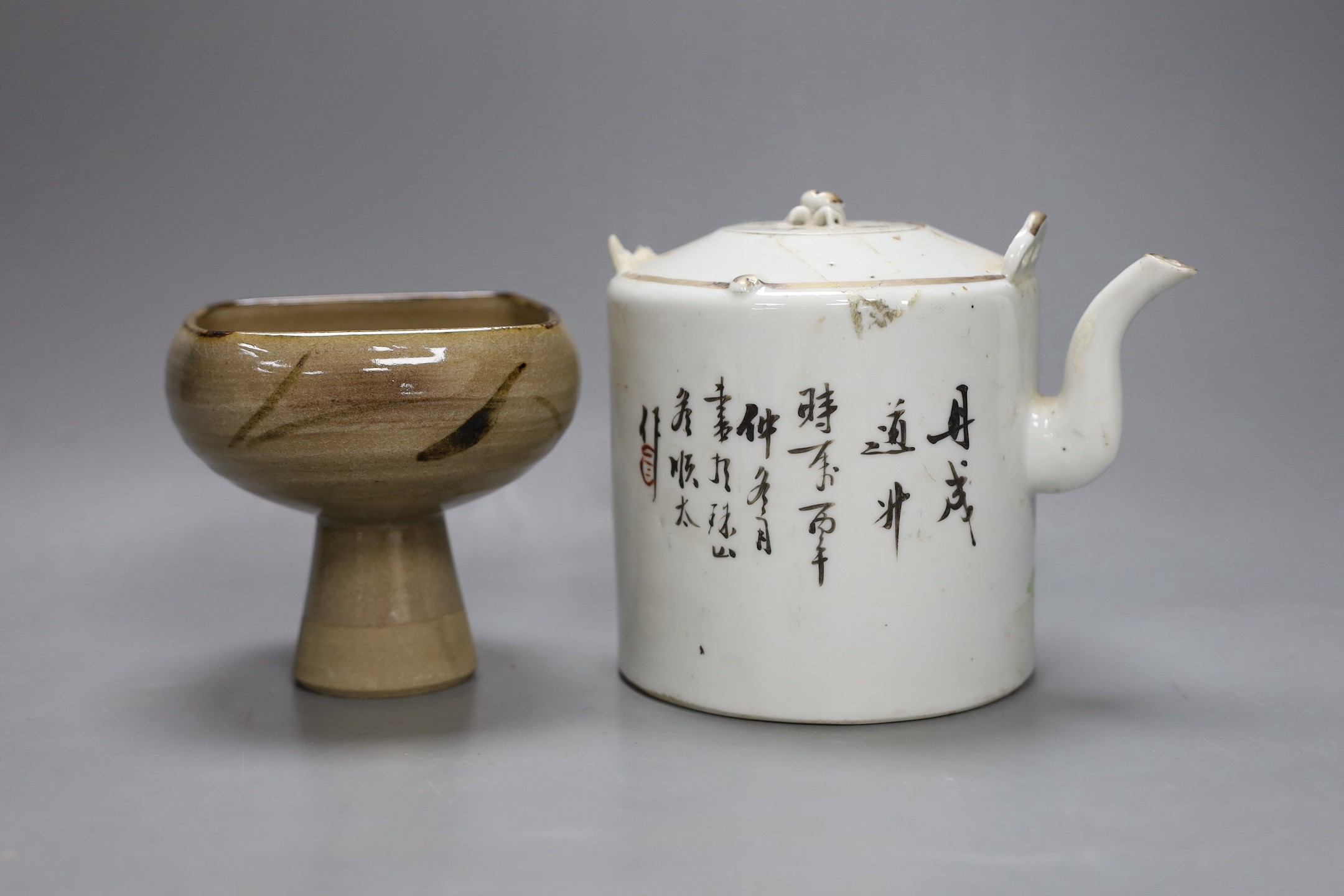 A Chinese Republic period teapot, a famille rose barrel and cover, a famille verte saucer, porcelain duck, pottery stem bowl and a resin model of Shou Lao
